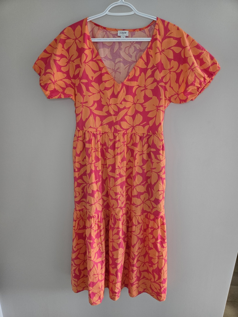 J. Crew pink + orange floral v-neck flowy midi dress, has pockets + side zipper
